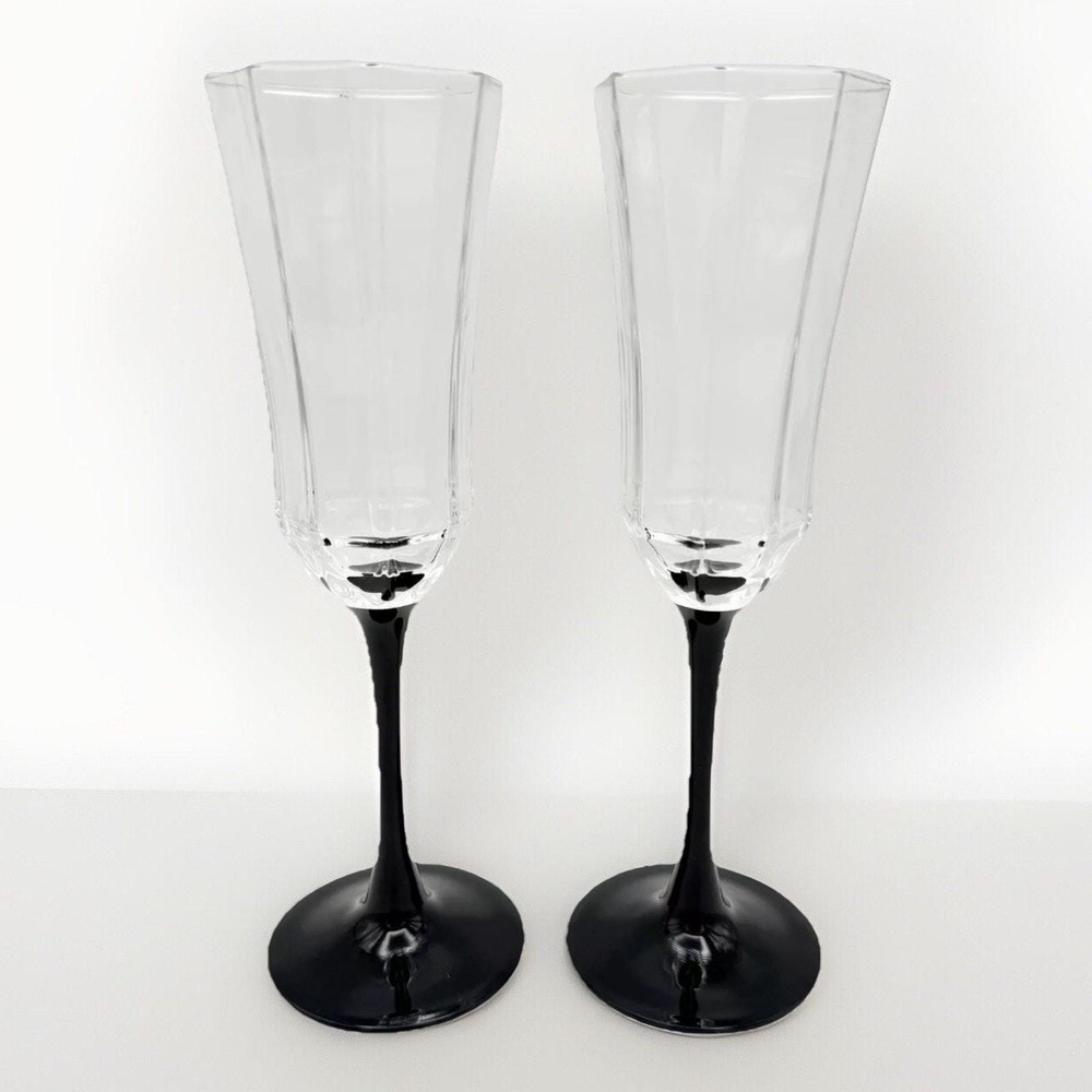 Vintage Luminarc France Black Stem Champagne Flutes  – Set of 2 – 5 oz, 8 5/8"